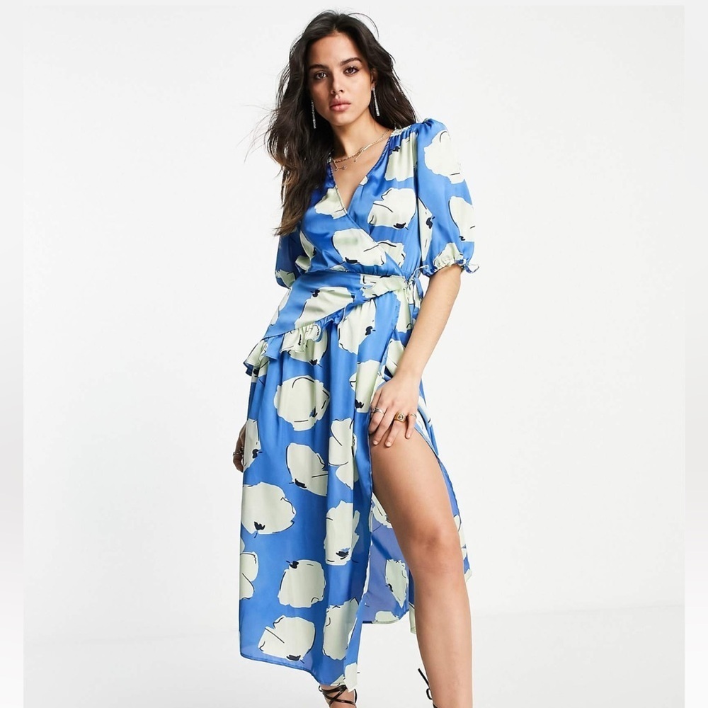 Topshop Crinkle Texture Wrap Front Midi Dress Blue Floral NWT - Picture 16 of 16